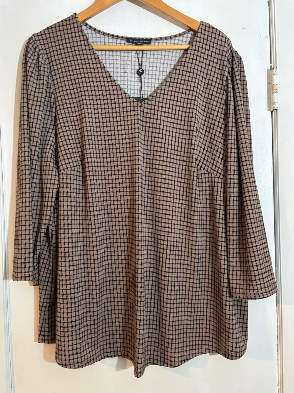 Adrianna Papell Brown and Black Plaid V-Neck Top